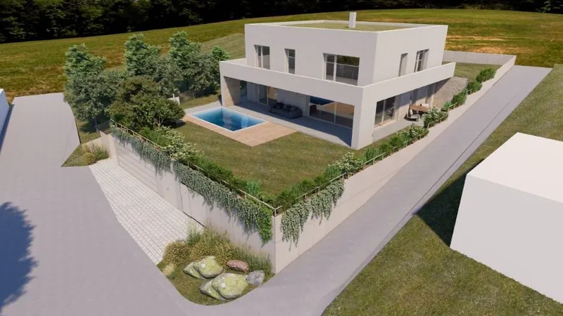 3D vizualizácia domu s krytou terasou a záhradou